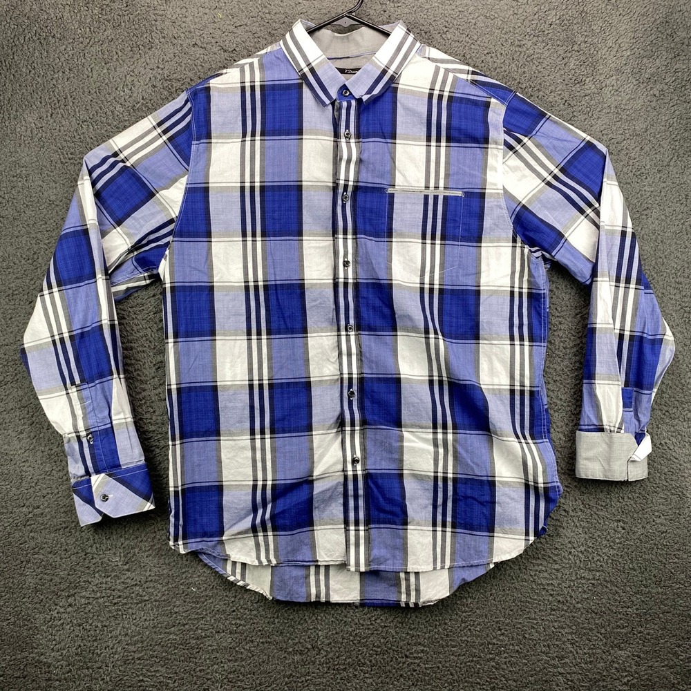 7 Diamonds XXL Mens Plaid Button Down Long Sleeve Shirt Cotton Casual